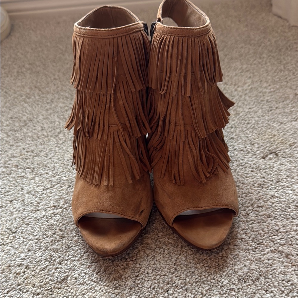 Vince Camuto Tan Heeled Boots with Fringe